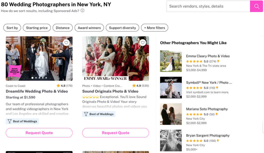 The KnotWW screenshot : Find wedding photography clients page