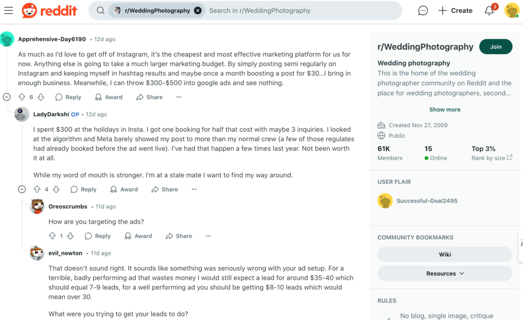 Screebshot of a reddit thread on how to find wedding photography clients